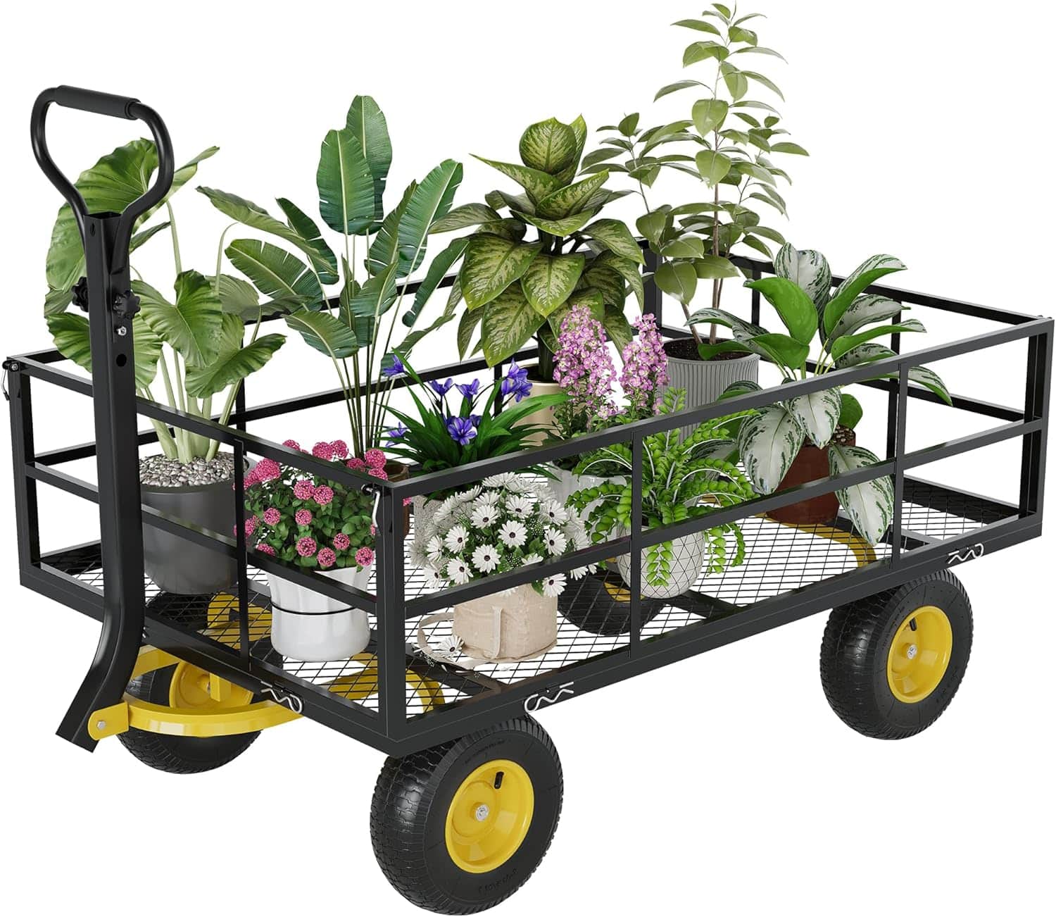 Acekool - Yard Cart, 1400 LBS Capacity, 10" Pneumatic Tires, Convertible Flatbed, Heavy Duty Steel Utility Wagon - Black