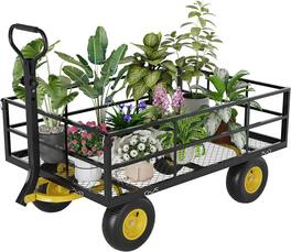 Acekool - Yard Cart, 1400 LBS Capacity, 10" Pneumatic Tires, Convertible Flatbed, Heavy Duty Steel Utility Wagon - Black