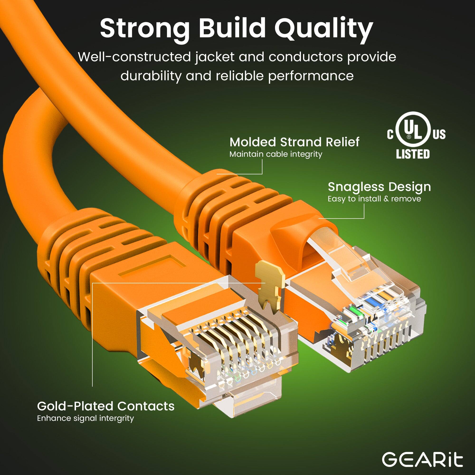 Strong Build Quality  
Well-constructed jacket and conductors provide durability and reliable performance  

Molded Strand Relief  
Maintain cable integrity  

Snagless Design  
Easy to install & remove  

Gold-Plated Contacts  
Enhance signal integrity  

GEARit