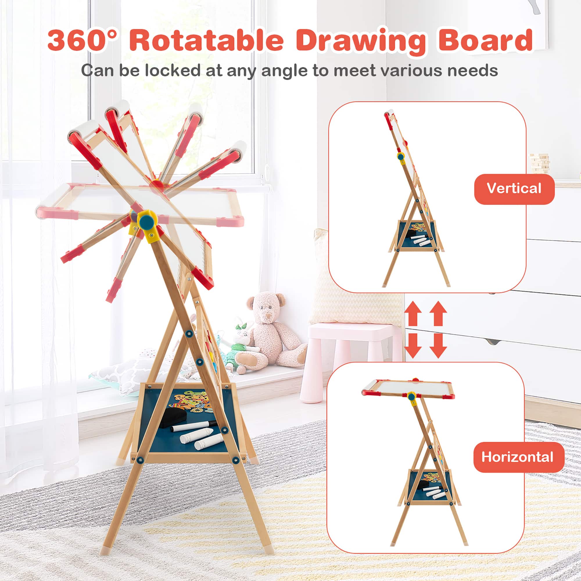 The image features a 360° rotatable drawing board that can be locked at any angle to meet various needs. The board is designed for both vertical and horizontal use, making it a versatile and practical tool for artists and creative professionals.