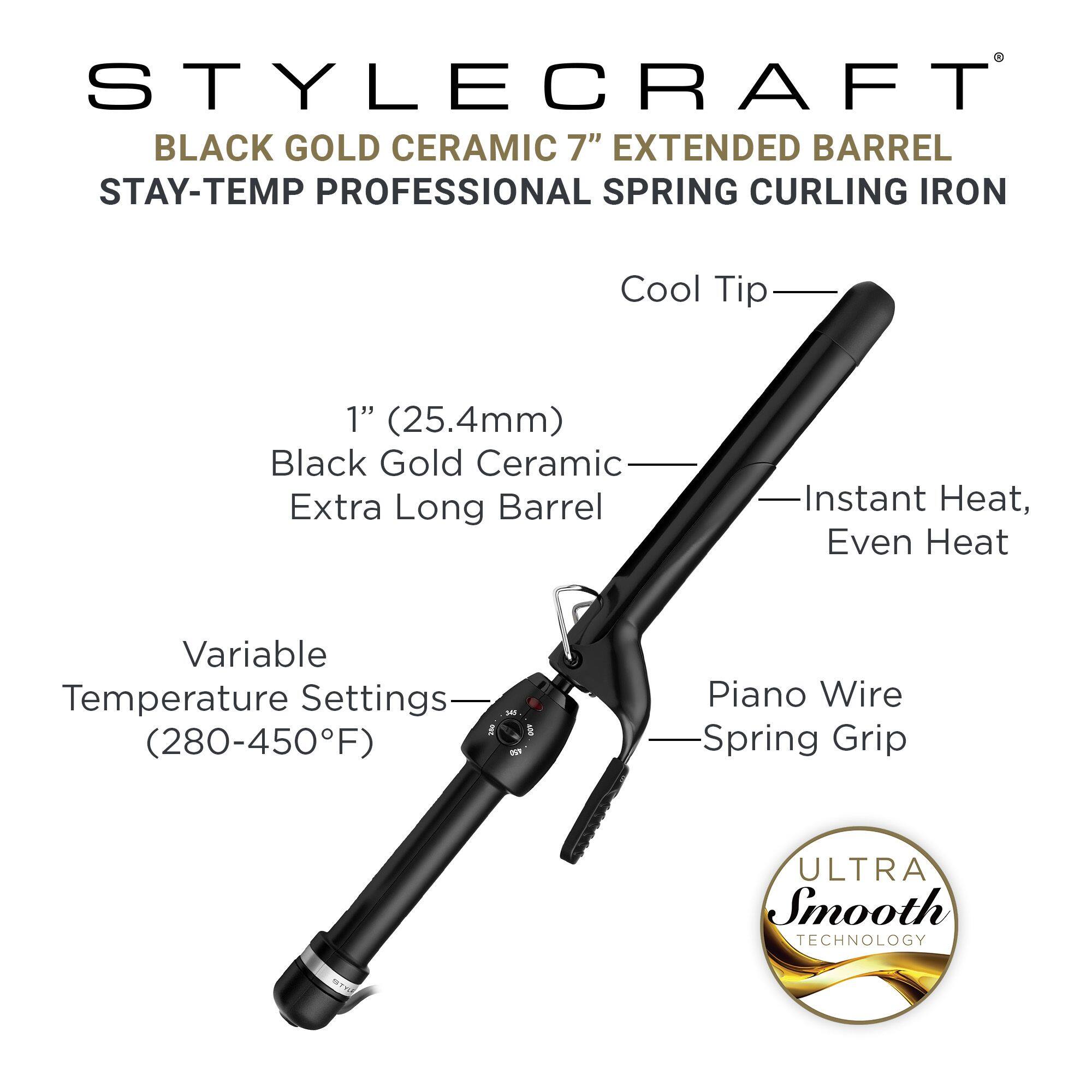 STYLECRAFT BLACK GOLD CERAMIC 7" EXTENDED BARREL STAY-TEMP PROFESSIONAL SPRING CURLING IRON Cool Tip 1" (25.4mm) Black Gold Ceramic Extra Long Barrel Instant Heat, Even Heat Variable Temperature Settings (280-450F) Piano Wire Spring Grip ULTRA Smooth TECHNOLOGY