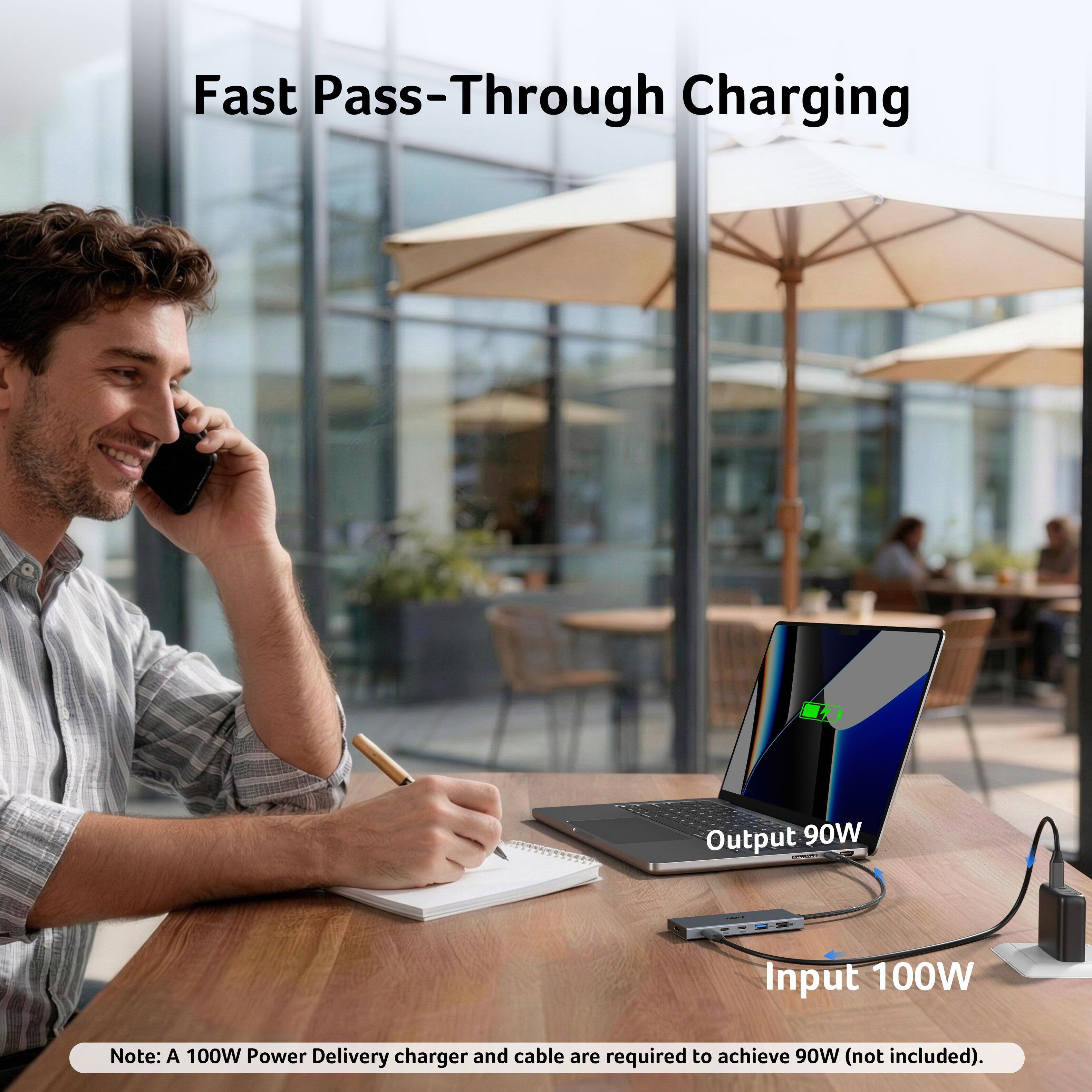 Fast Pass-Through Charging

Output 90W

Input 100W

Note: A 100W Power Delivery charger and cable are required to achieve 90W (not included).