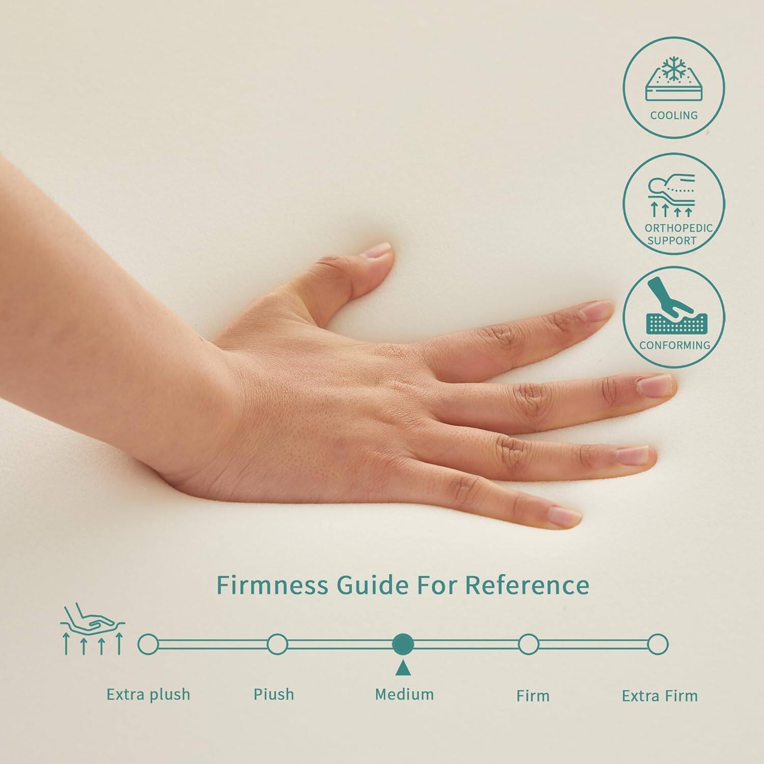Cooling, Orthopedic Support, Conforming, Firmness Guide For Reference, Extra plush, Plush, Medium, Firm, Extra Firm
