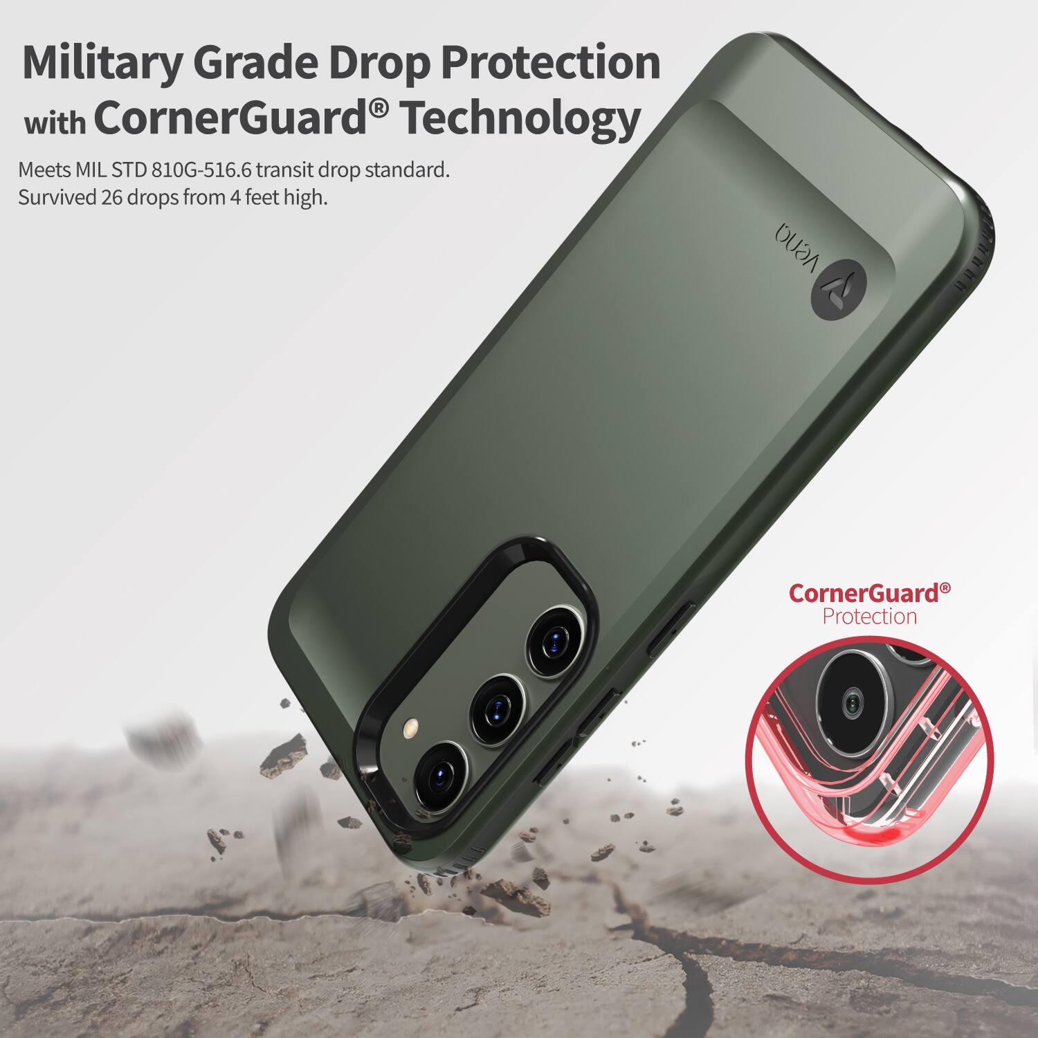 Military Grade Drop Protection with CornerGuard Technology. Meets MIL STD 810G-516.6 transit drop standard. Survived 26 drops from 4 feet high. CornerGuard Protection.