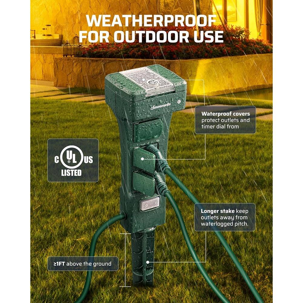 Alt View 1. RTMB - Outdoor Power Stake Timer 6 Outlets, Remote 100FT, Dusk-to-Dawn, 15A - Green.