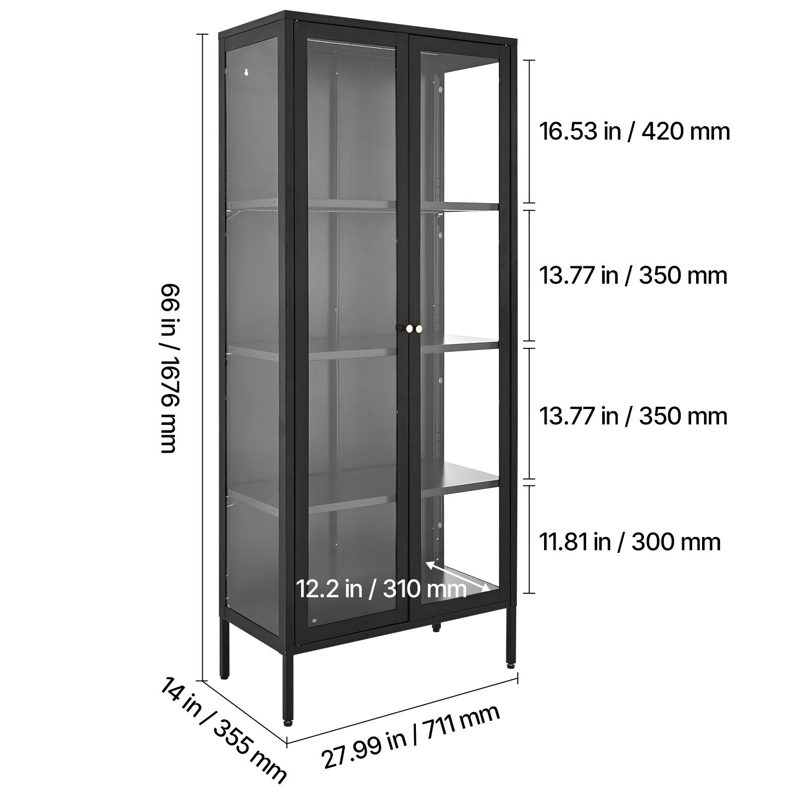 - Height: 66 in / 1676 mm
- Width: 16.53 in / 420 mm
- Depth: 14 in / 355 mm
- Shelf 1: 13.77 in / 350 mm
- Shelf 2: 13.77 in / 350 mm
- Shelf 3: 11.81 in / 300 mm
- Shelf 4: 12.2 in / 310 mm
- Base: 27.99 in / 711 mm