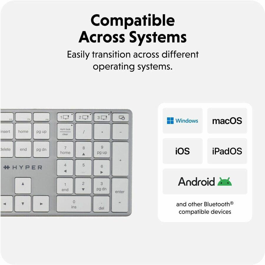 Compatible Across Systems  
Easily transition across different operating systems.

- Windows
- macOS
- iOS
- iPadOS
- Android
- and other Bluetooth® compatible devices