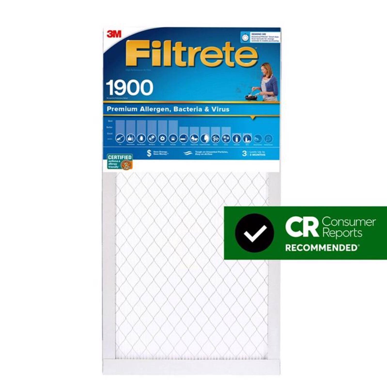 3M Filtrete 1900 Premium Allergen, Bacteria & Virus  
CERTIFIED  
$3  
Consumer Reports RECOMMENDED