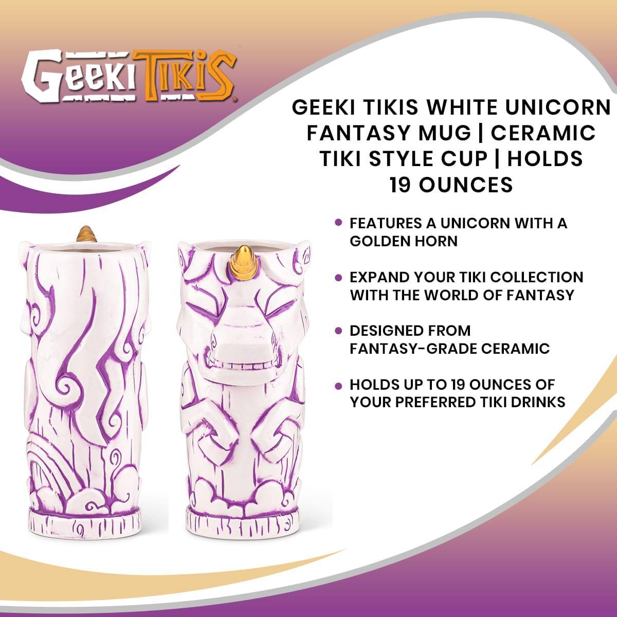 Geeki Tikis White Unicorn Fantasy Mug | Ceramic Tiki Style Cup | Holds 19 Ounces

- Features a unicorn with a golden horn
- Expand your tiki collection with the world of fantasy
- Designed from fantasy-grade ceramic
- Holds up to 19 ounces of your preferred tiki drinks