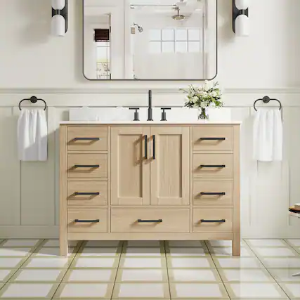 Front. WELLFOR - 48 in Bathroom Vanity with Sink, Freestanding Solid Wood Bathroom Cabinet with 2 Doors& 9 Drawers,Matte Black Handle - Oak.