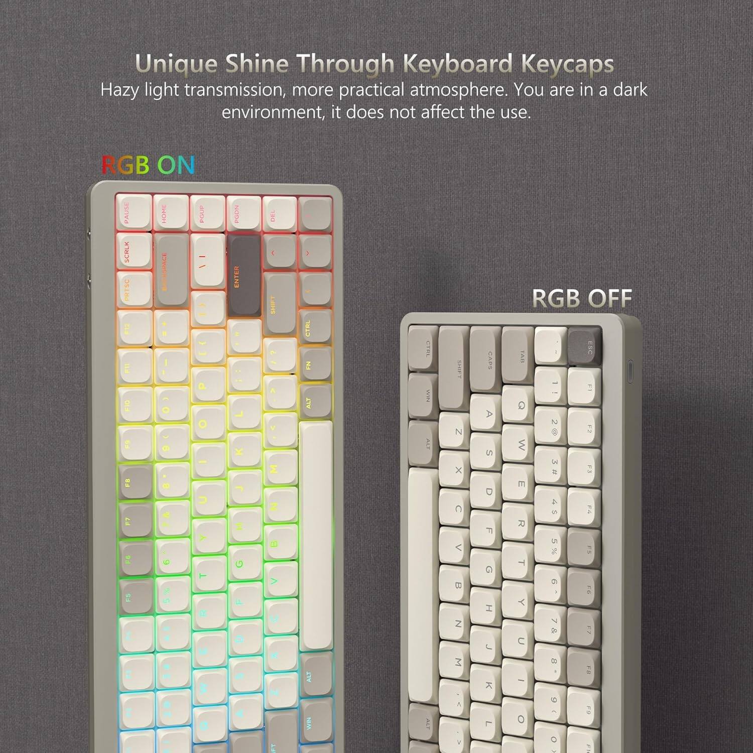 Unique Shine Through Keyboard Keycaps  
Hazy light transmission, more practical atmosphere. You are in a dark environment, it does not affect the use.  

RGB ON  
RGB OFF