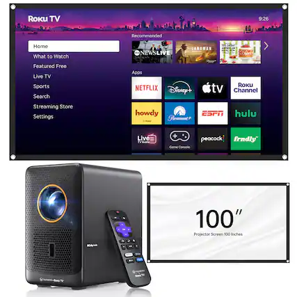 Roku TV 9:26 Recommended Home What to Watch Featured Free Live TV Sports Search - THE GREAT LANDMAN AMERICAN H - -.- NEWSLIVE a - - | Apps Roku NETFLIX Disney+ tv Channel Streaming Store Settings howdy ESPN hulu Paramount+ Live TVGuide + Game Console peacock frndly" - - 1 . a - - 1 100" Projector Screen 100 Inches HOdY Auk J i - se fr TAXEYO +RONU REXXIO RoKu TV AMETO RINSATV