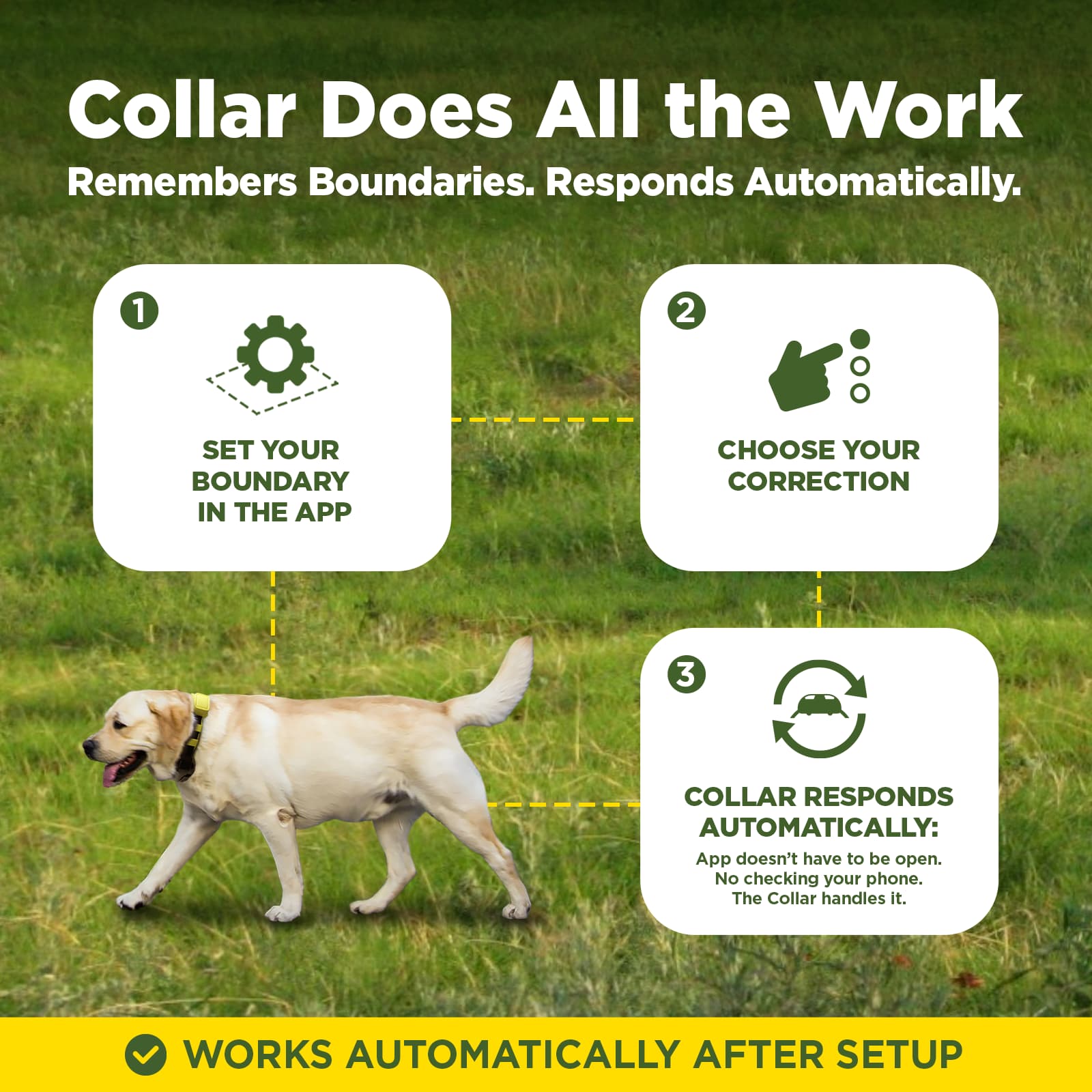 Collar Does All the Work  
Remembers Boundaries. Responds Automatically.  

1. SET YOUR BOUNDARY IN THE APP  
2. CHOOSE YOUR CORRECTION  
3. COLLAR RESPONDS AUTOMATICALLY:  
   App doesn't have to be open. No checking your phone. The Collar handles it.  

WORKS AUTOMATICALLY AFTER SETUP