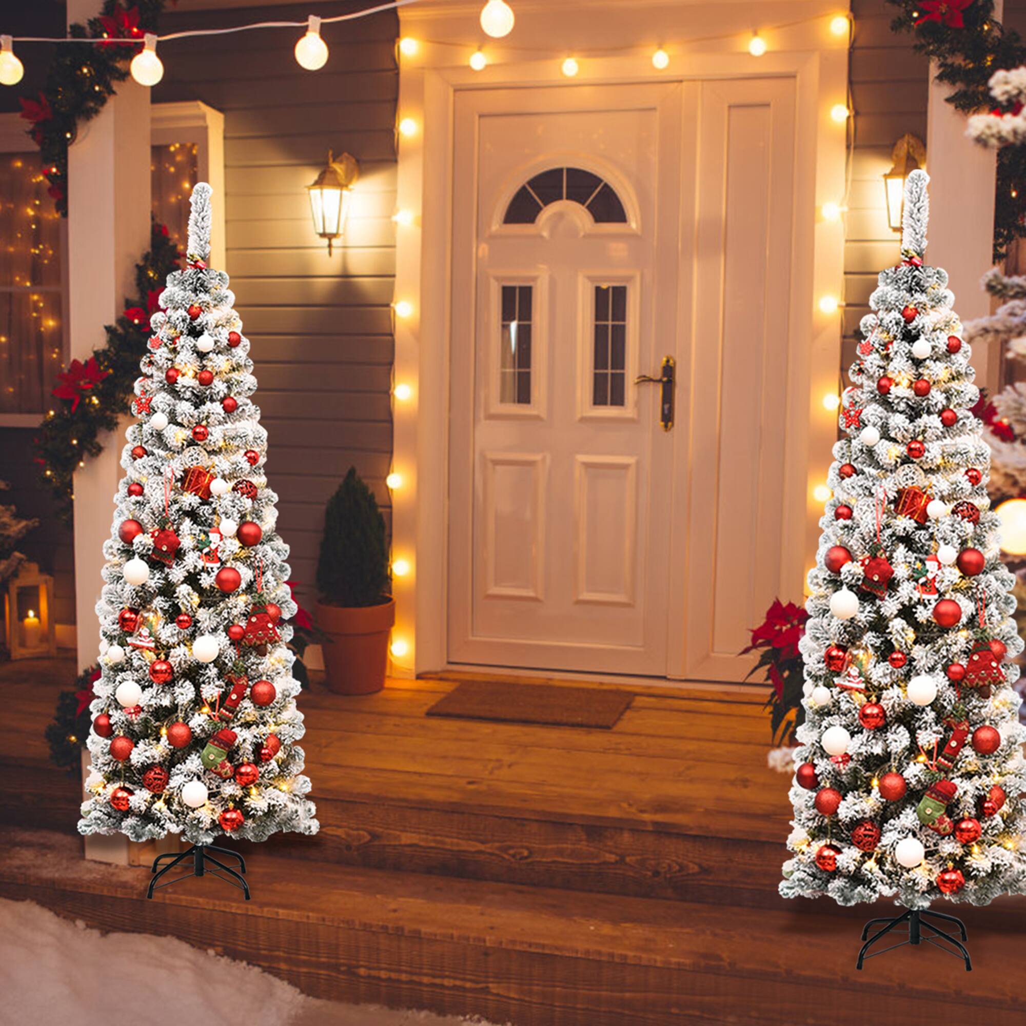 Alt View 4. Gymax - Gymax 6ft Snow Flocked Pencil Christmas Tree Artificial Pine Tree w/ Metal Stand - Green + White.