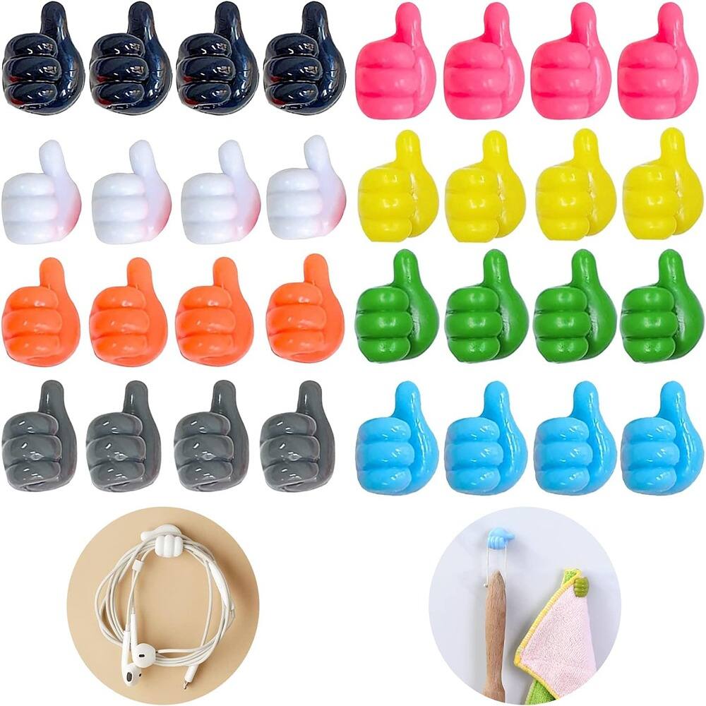 THIRSTY TURTLE - 32-Pack Self-Adhesive Thumb Hooks, Waterproof Cable Holders for Desk & Wall (Multicolor)