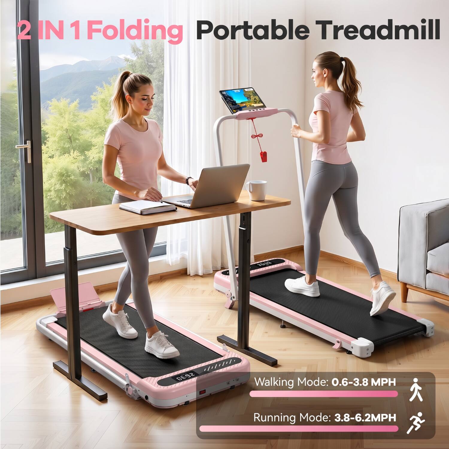 2 IN 1 Folding Portable Treadmill

1888
06:92

Walking Mode: 0.6-3.8 MPH
Running Mode: 3.8-6.2 MPH