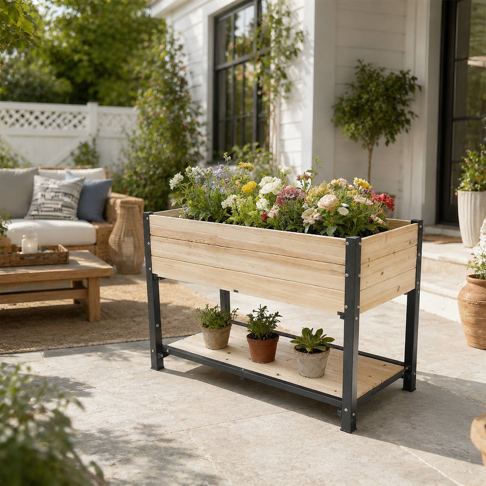 Left. RYHNUYNE - Solid Wood and Iron Raised Garden Bed with Reversible Panels, No Paint or Formaldehyde, DIY Planter for Vegetables - Natural.