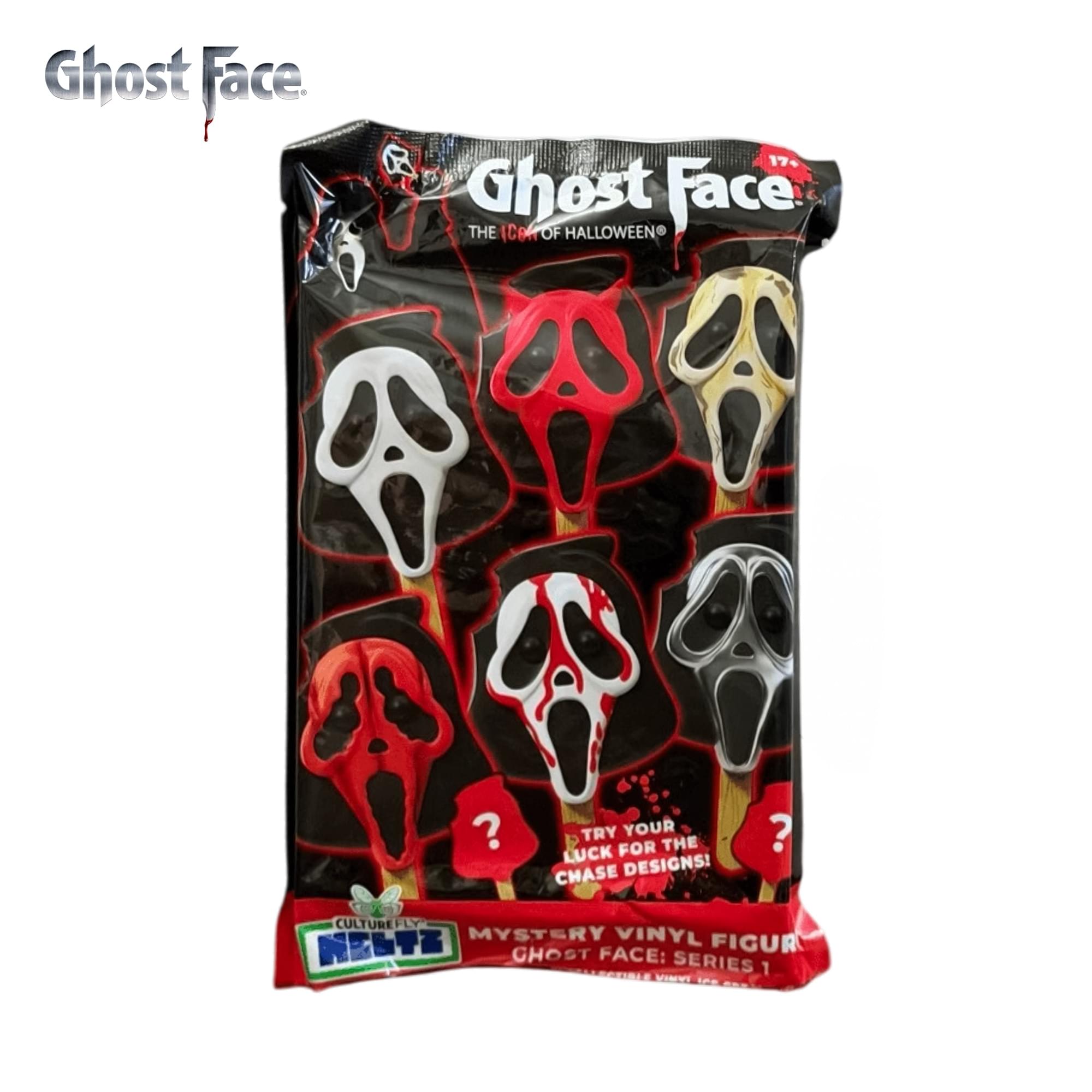 Ghost Face.  
R 174  
Ghost Face  
THE ICON OF HALLOWEEN  
TRY YOUR LUCK FOR THE CHASE DESIGNS!  
CULTUREFLY MYSTERY VINYL FIGUR  
GHOST FACE: SERIES 1