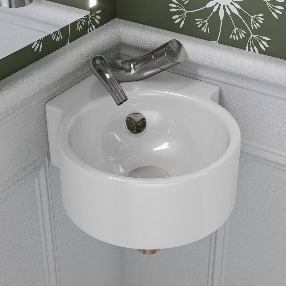 Angle. Alfi - White 17" Tiny Corner Wall Mounted Ceramic Sink with Faucet Hole - White.