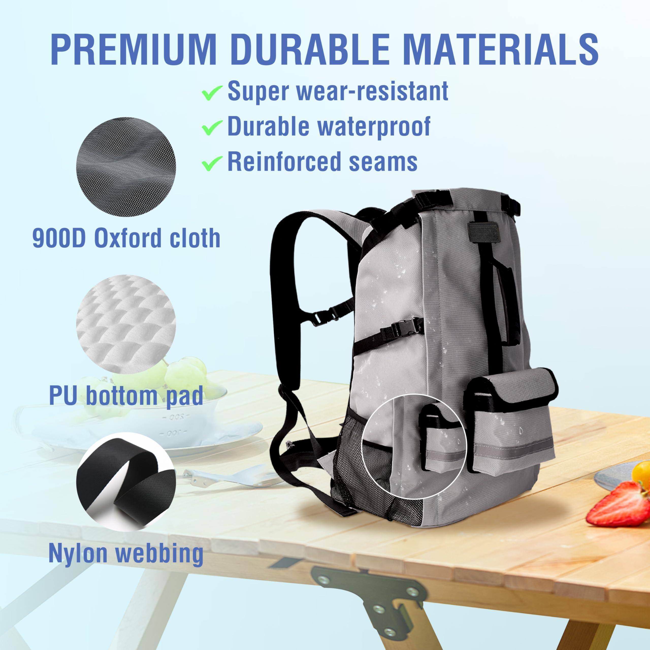 PREMIUM DURABLE MATERIALS

- Super wear-resistant
- Durable waterproof
- Reinforced seams

900D Oxford cloth

PU bottom pad

Nylon webbing