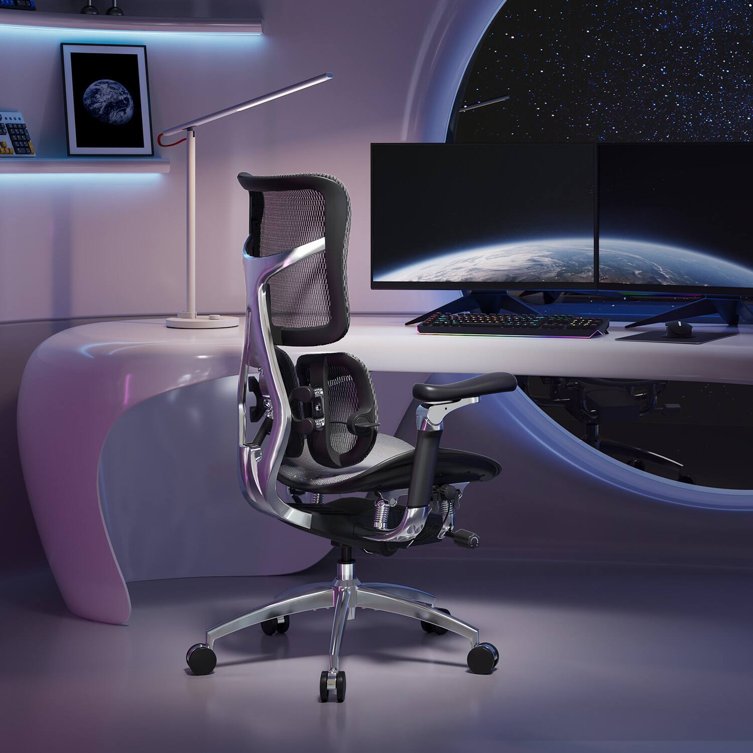 The text on the image appears to be "SES S 519 NES Us." It seems to be a model or product code, possibly related to the chair or the desk setup. There is no additional context provided in the image to further clarify its meaning.