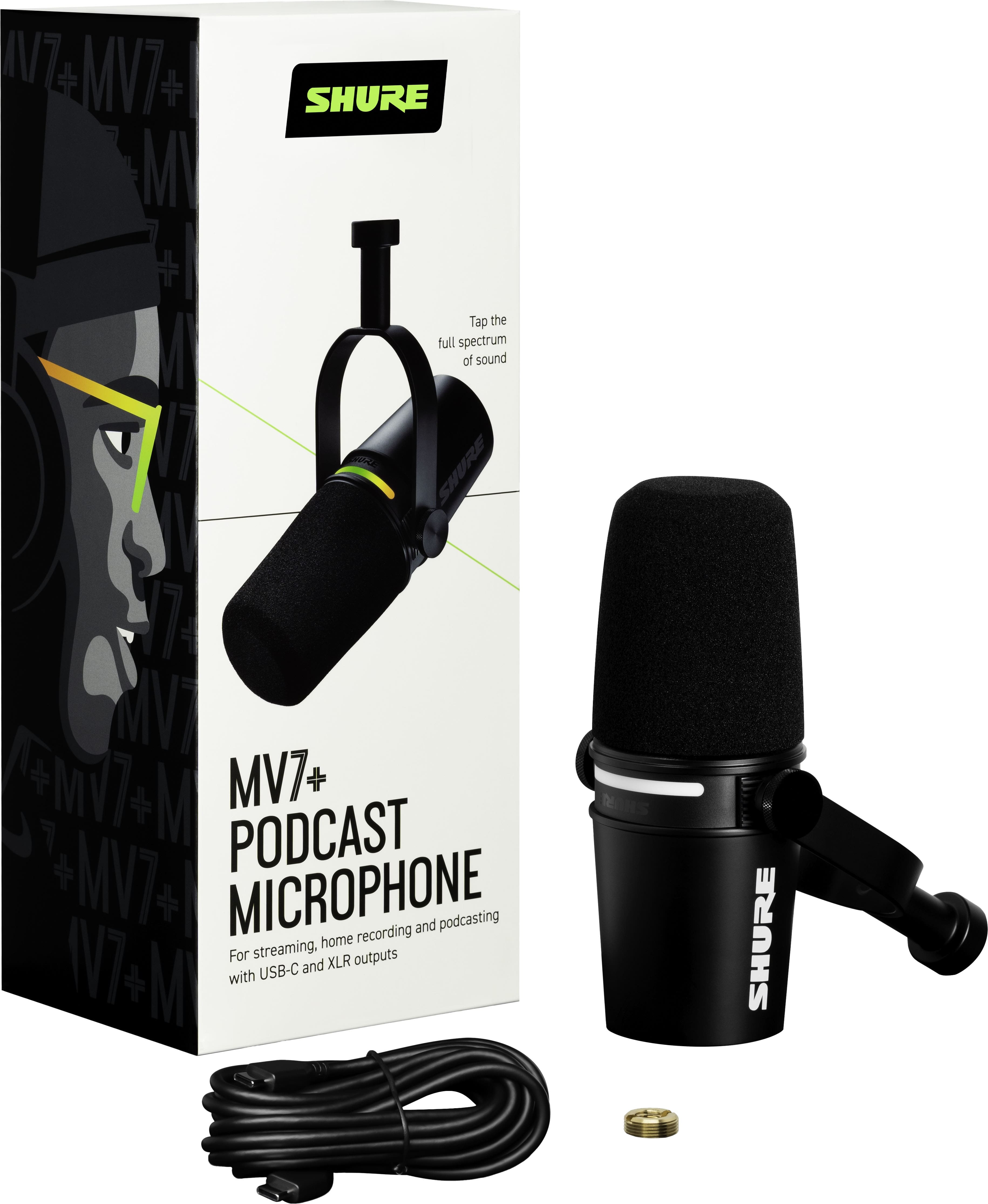 The image features a black Shure MV7+ Podcast Microphone and a black microphone stand. The microphone is designed for recording and podcasting purposes, and it comes with a USB-C connection for easy use. The microphone stand provides stability and support for the microphone, ensuring that it is positioned correctly for optimal sound quality. The image also includes a close-up view of the microphone, showcasing its features and design.