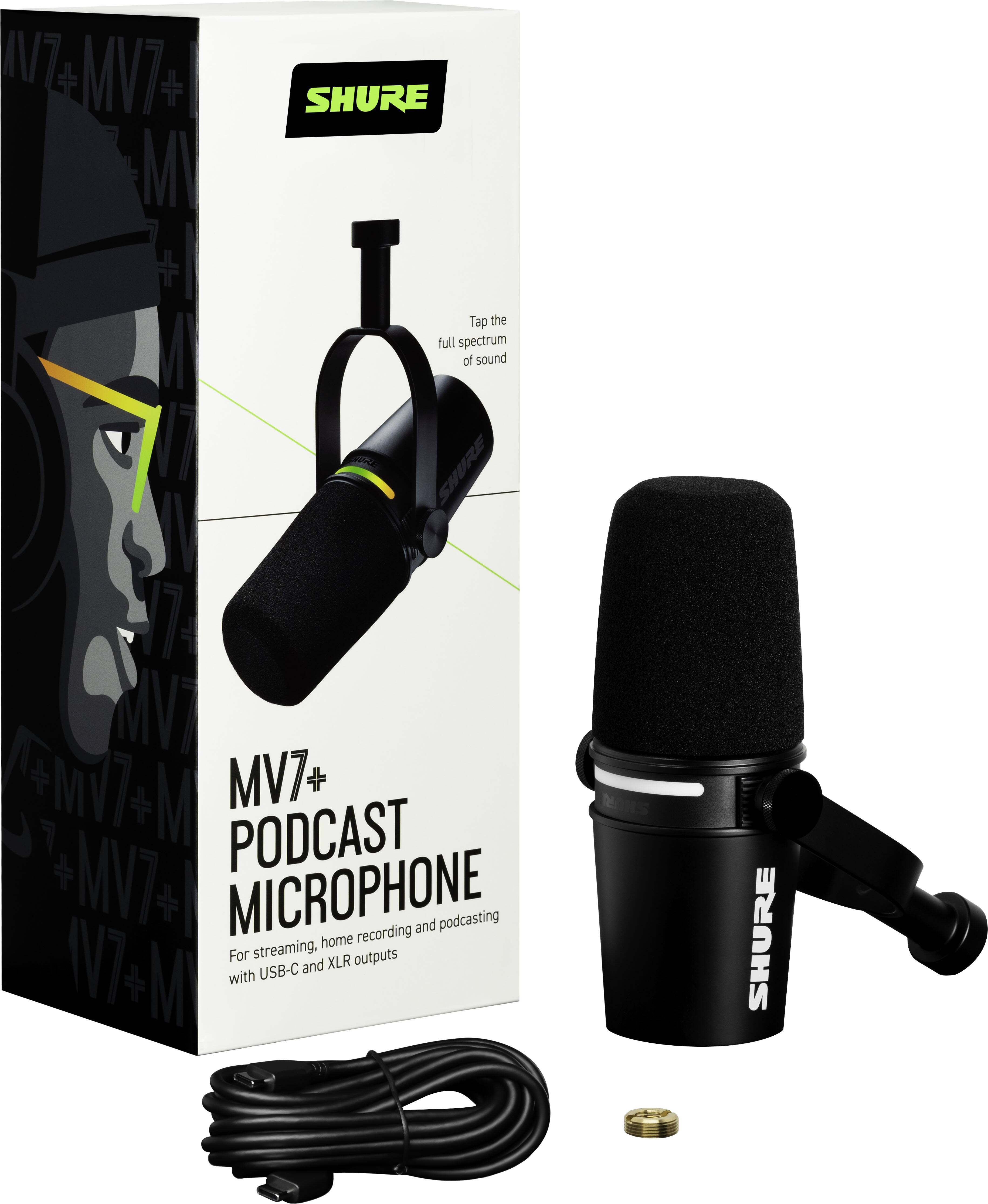 The image features a black Shure MV7+ Podcast Microphone and a black microphone stand. The microphone is designed for recording and podcasting purposes, and it comes with a USB-C connection for easy use. The microphone stand provides stability and support for the microphone, ensuring that it is positioned correctly for optimal sound quality. The image also includes a close-up view of the microphone, showcasing its features and design.