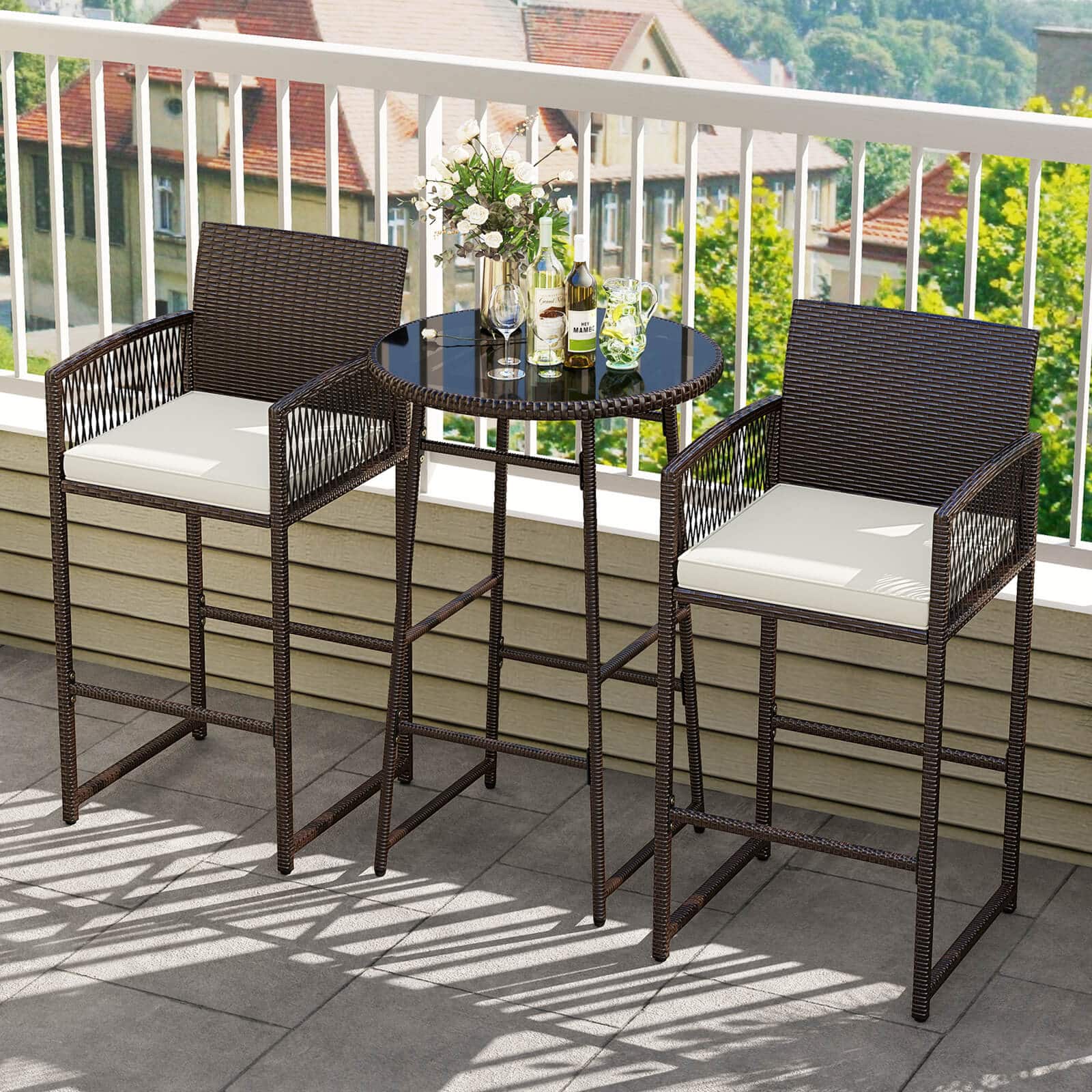 Costway - 3 Piece Wicker Patio Bar Set with 2 Seat Cushions Glass Tabletop for Backyard - Mix Brown + Off White
