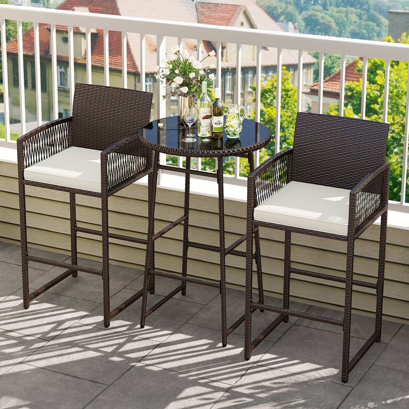 Alt View 1. Costway - Costway 3 Piece Wicker Patio Bar Set with 2 Seat Cushions Glass Tabletop for Backyard - Mix Brown,Off White.