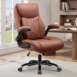 KERDOM - Ergonomic PU Leather Office Chair, Executive Chair with Lumbar Support for Lower Back Pain Relief, Padded Flip-up Arms - Brown