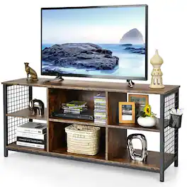 Gymax - 3-Tier TV Stand for TV's up to 65'' Entertainment Media Center w/Storage Basket - Rustic Brown, Black