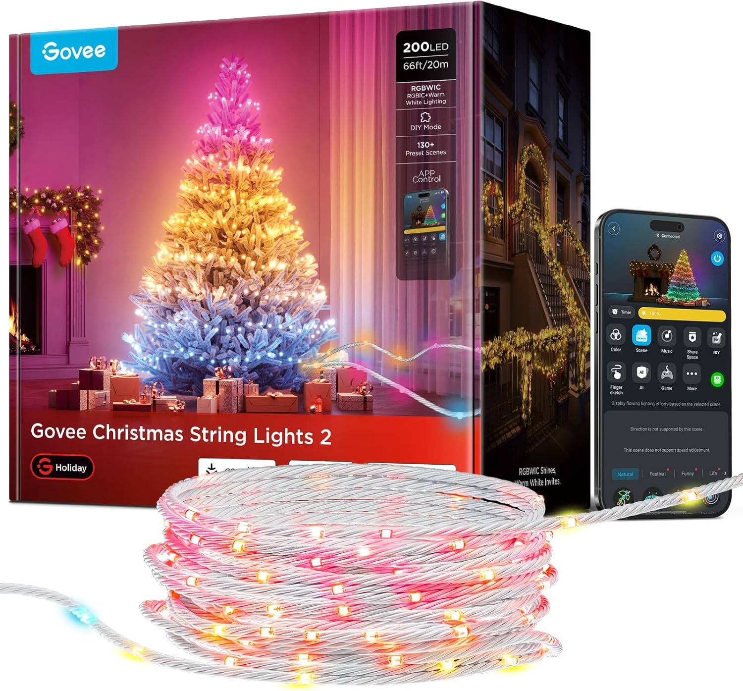 Govee 200LED 66ft/20m RGBWIC Warm White Lighting DIY Mode 130+ Preset Scenes APP Control
Govee Christmas String Lights 2
- 200LED
- 66ft/20m
- RGBWIC Warm White Lighting
- DIY Mode
- 130+ Preset Scenes
- APP Control
RGBWIC Strings, Warm White Infinite
- Holiday
- Natural
- Festive
- Funny
- Life
Govee