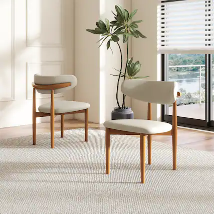 Front. POVISON - Mid-Century Modern Wood Dining Chairs Set of 2(PU Leather,Beige & Light Walnut) - Beige & Light Walnut.