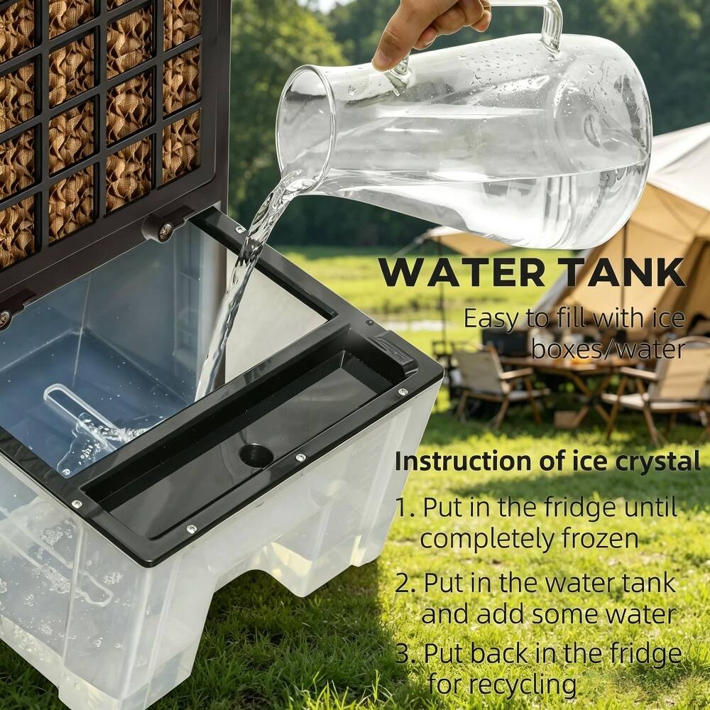 WATER TANK  
Easy to fill with ice boxes/water  

Instruction of ice crystal  
1. Put in the fridge until completely frozen  
2. Put in the water tank and add some water  
3. Put back in the fridge for recycling
