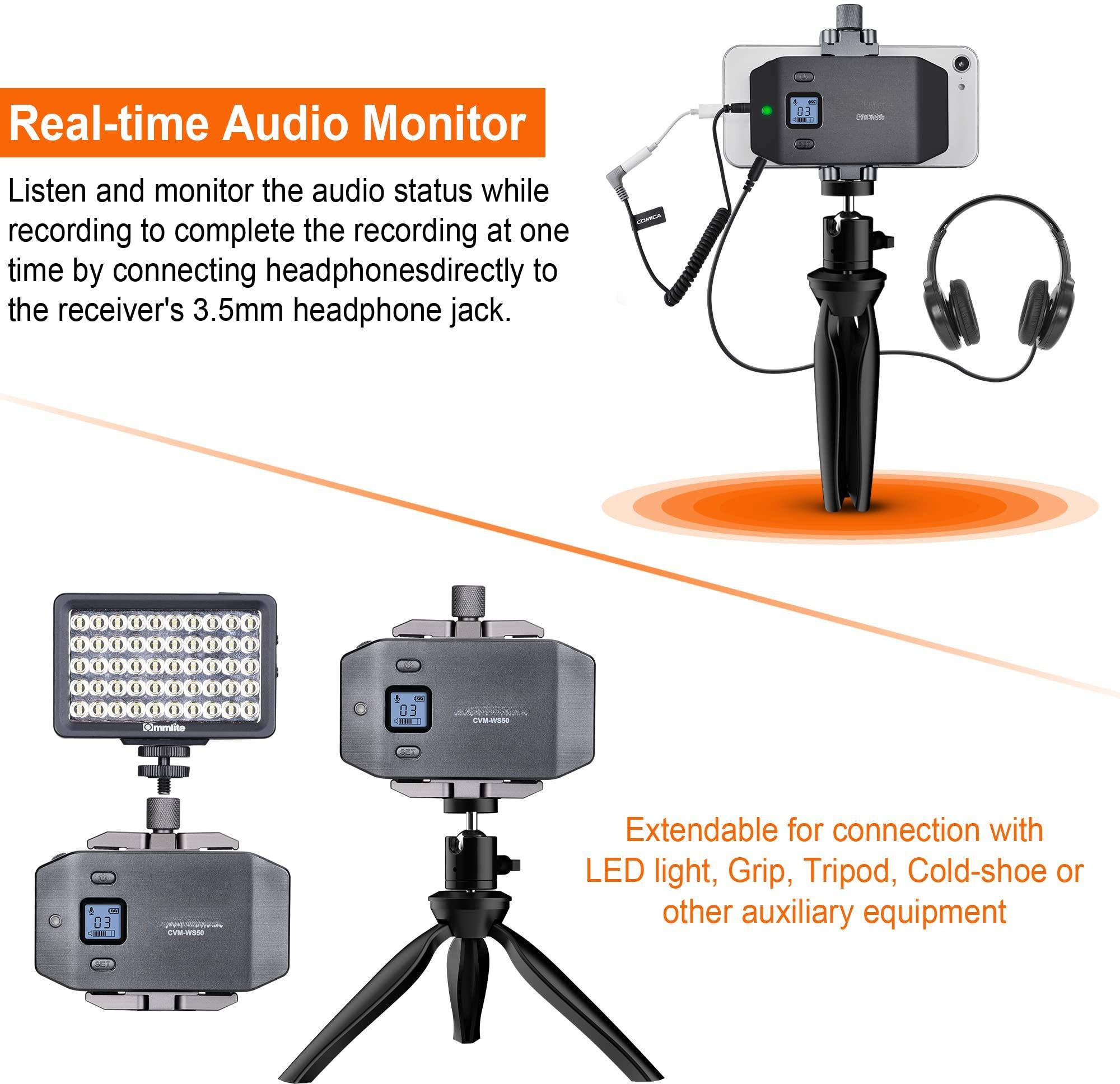Real-time Audio Monitor

Listen and monitor the audio status while recording to complete the recording at one time by connecting headphones directly to the receiver's 3.5mm headphone jack.

Extendable for connection with LED light, Grip, Tripod, Cold-shoe or other auxiliary equipment