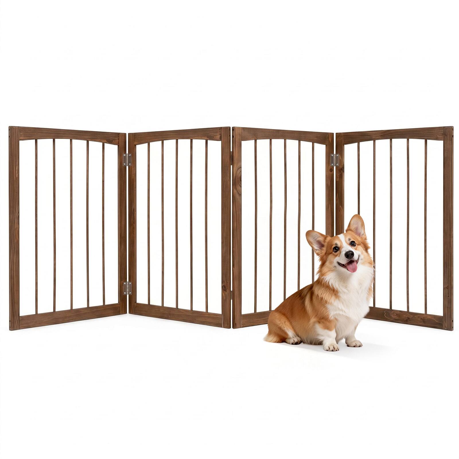 Gymax - 83'' L x 30'' H Dog Gate 4-Panel Wooden Pet Fence for Indoor Stairs Doorway - Brown