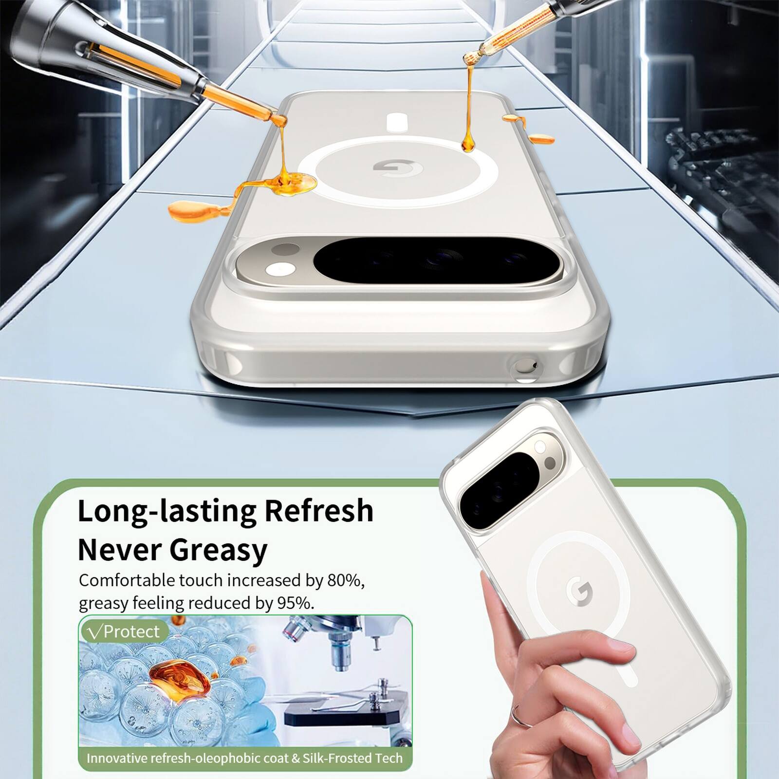 Long-lasting Refresh  
Never Greasy  
Comfortable touch increased by 80%, greasy feeling reduced by 95%.  
Protect  
Innovative refresh-oleophobic coat & Silk-Frosted Tech