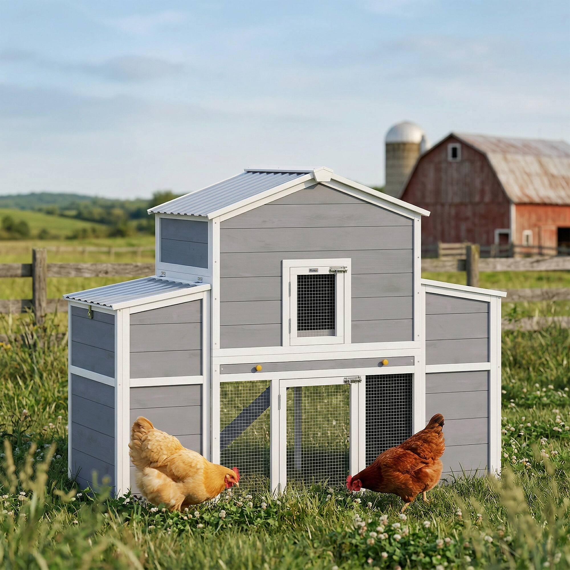 Alt View 1. Pawhut - Large Chicken Coop, Wooden Chicken House with 2 Nesting Boxes, Sliding Tray & Ramp - Gray.