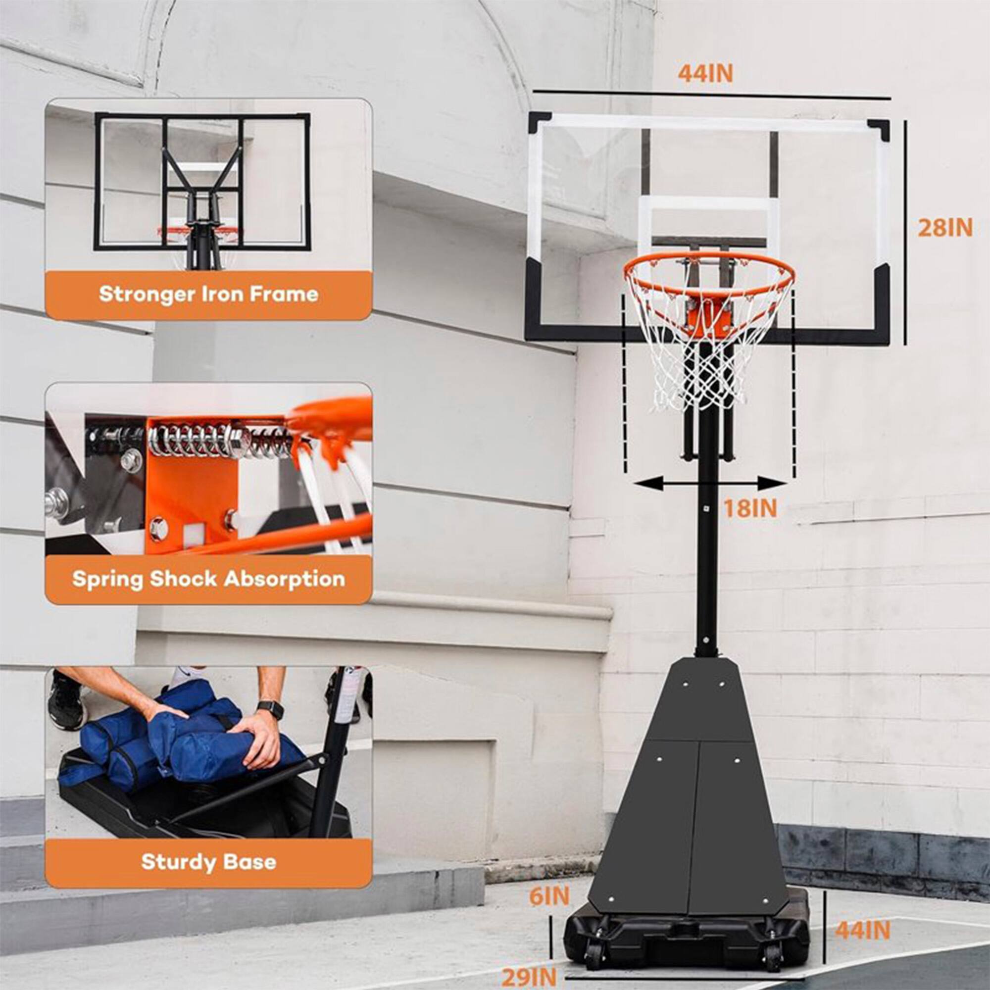 44IN  
28IN  
Stronger Iron Frame  
18IN  
Spring Shock Absorption  
Sturdy Base  
6IN  
44IN  
29IN