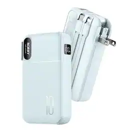 RORRY - 10000mAh 3-in-1 Portable Charger, 22.10W Power Bank with Wall Plug, Built-in Cables, LCD, for iPhone & Android - Blue