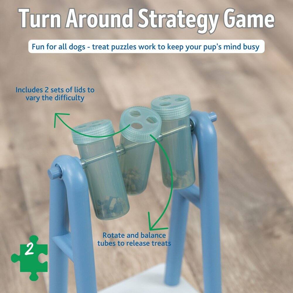 Turn Around Strategy Game  
Fun for all dogs - treat puzzles work to keep your pup's mind busy  

Includes 2 sets of lids to vary the difficulty  

Rotate and balance tubes to release treats