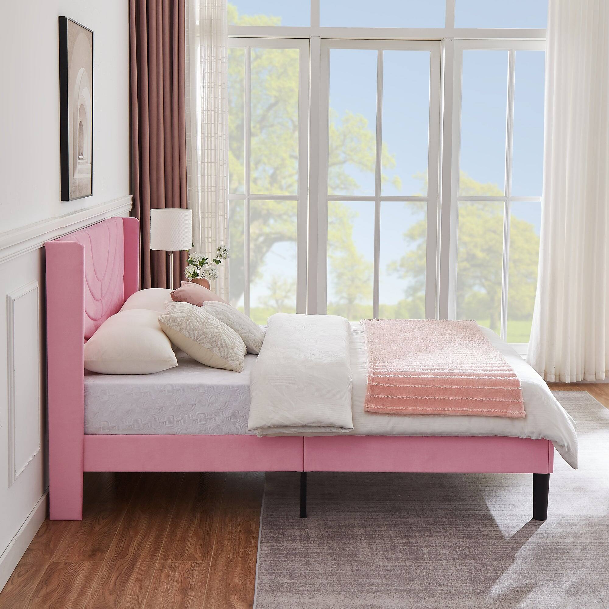 Back. Vecelo - Upholstered Platform Full Bed Frame with Fabric Headboard,Wooden Slats Support/No Box Spring Needed/Mattress Foundation - Pink.