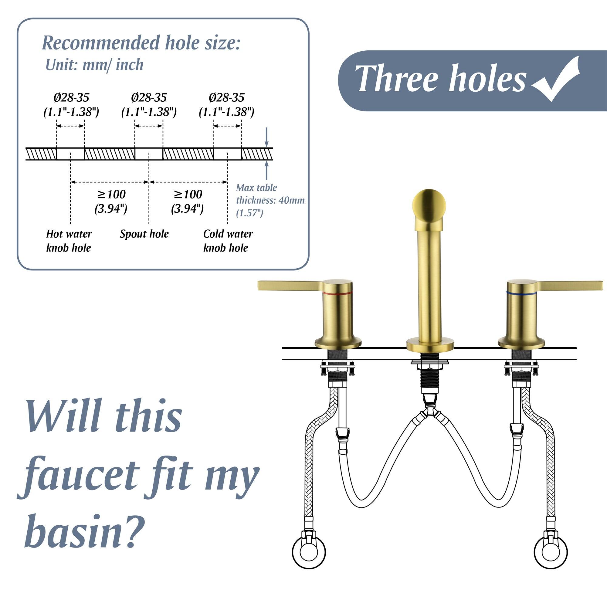 Recommended hole size:  
Unit: mm/ inch  
028-35 (1.1"-1.38")  
028-35 (1.1"-1.38")  
028-35 (1.1"-1.38")  
Three holes  
≥ 100 (3.94")  
≥ 100 (3.94")  
Max table thickness: 40mm (1.57")  

Hot water knob hole  
Spout hole  
Cold water knob hole  

Will this faucet fit my basin?  

Three holes ✓