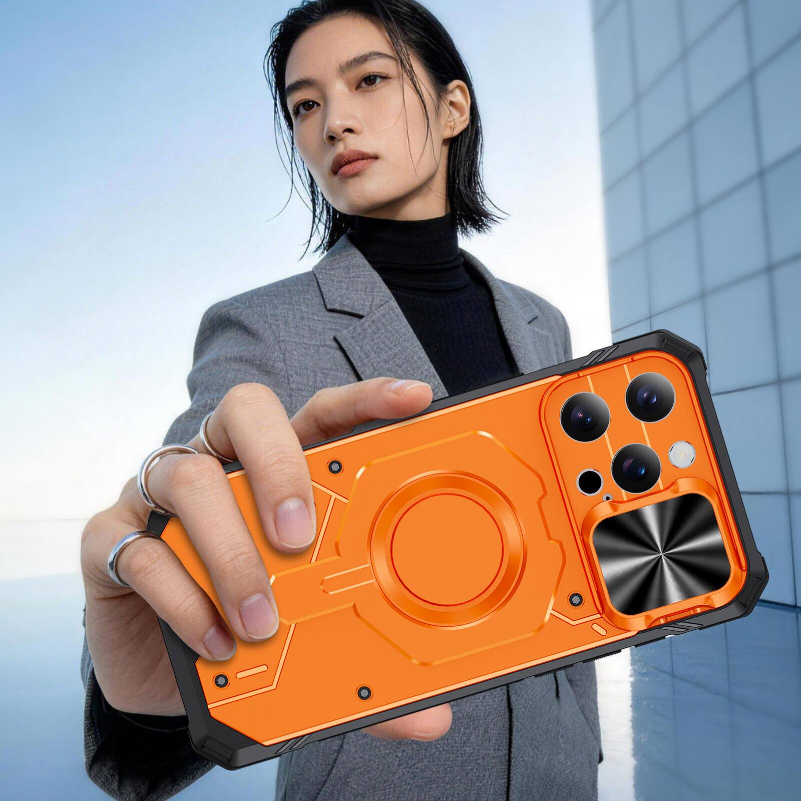 Back. Dteck - Shockproof Magnetic Hybrid Protective Case for Apple iPhone 16 Pro with Slide Camera Cover, Side Anti-Slip Texture - Orange.