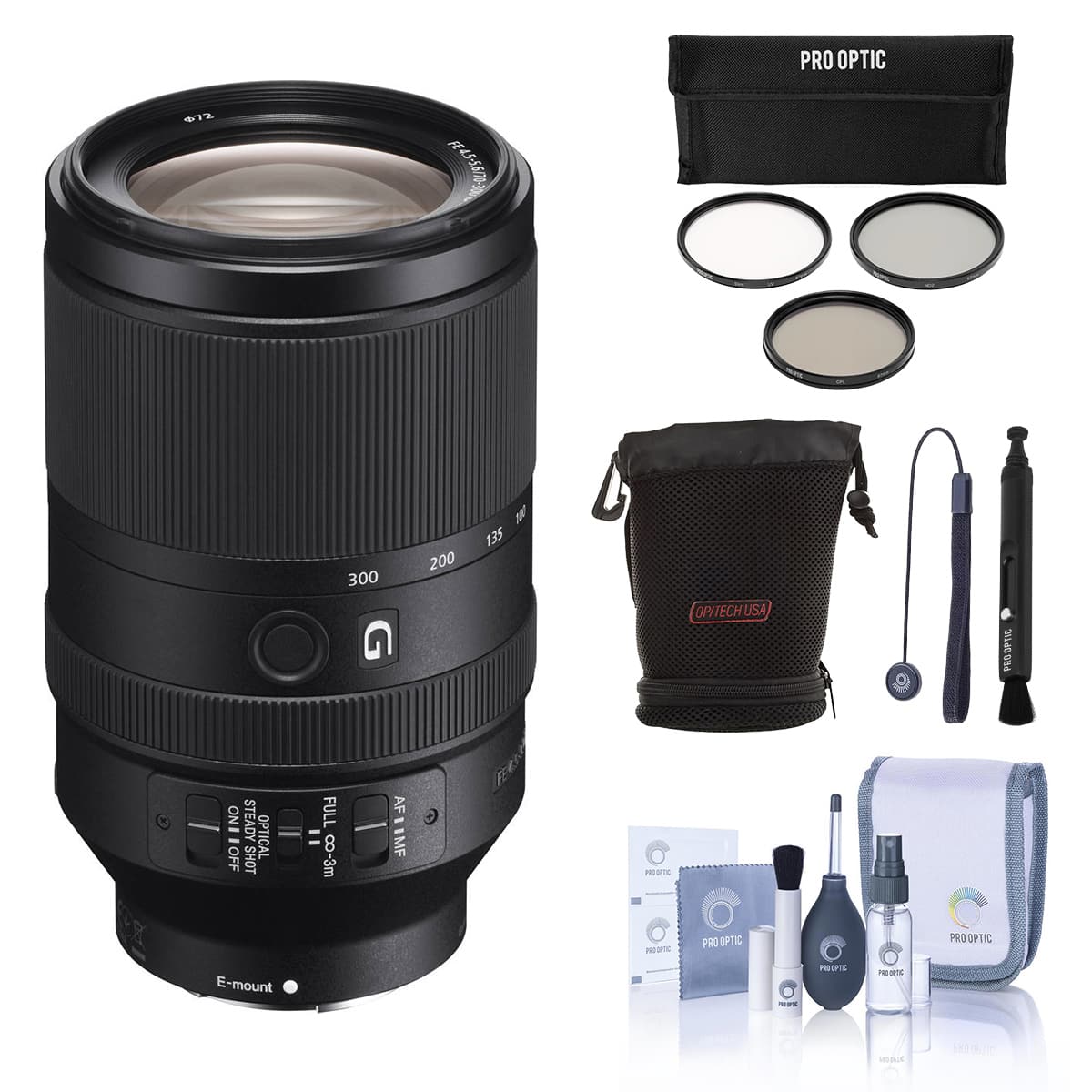 Bundle - FE 70-300mm f/4.5-5.6 G OSS Lens for Sony E, with 72mm Filter Kit, Lens Case, Lens Cleaner, Cleaning Kit,
