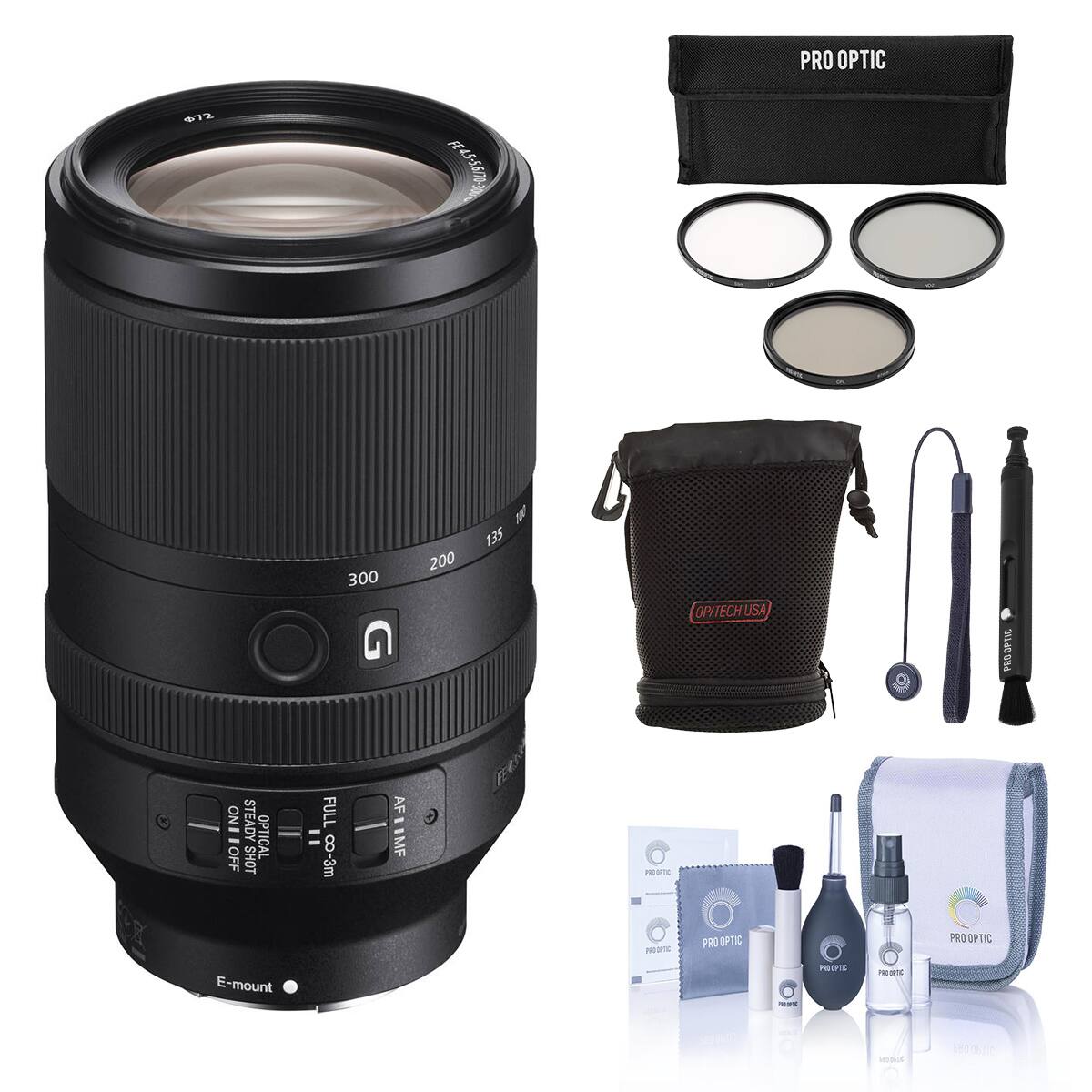 Bundle - FE 70-300mm f/4.5-5.6 G OSS Lens for Sony E, with 72mm Filter Kit, Lens Case, Lens Cleaner, Cleaning Kit,