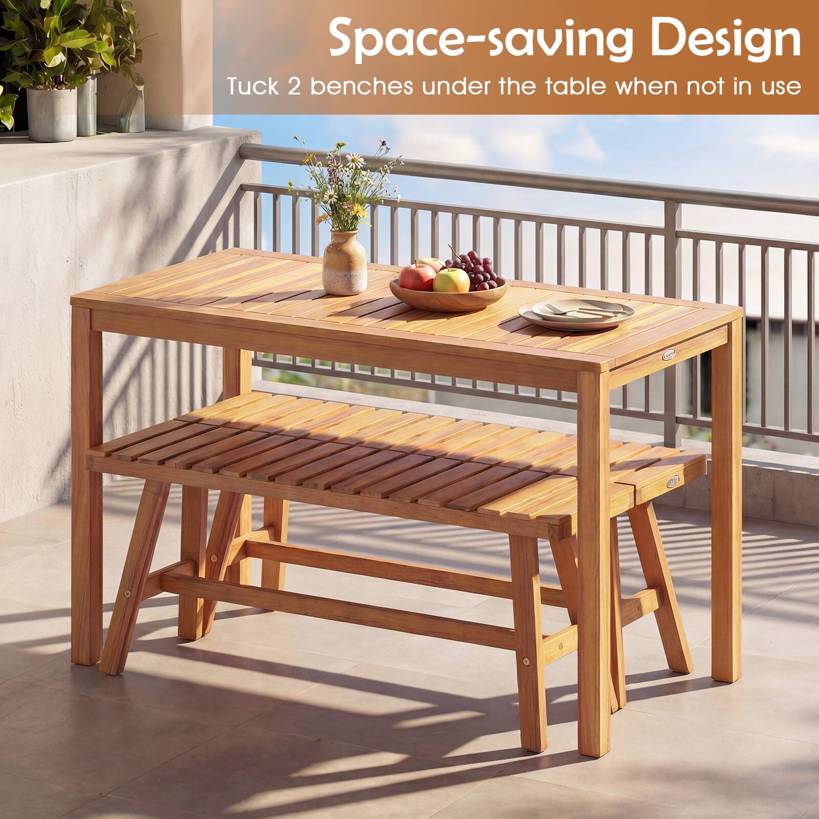 Space-saving Design  
Tuck 2 benches under the table when not in use