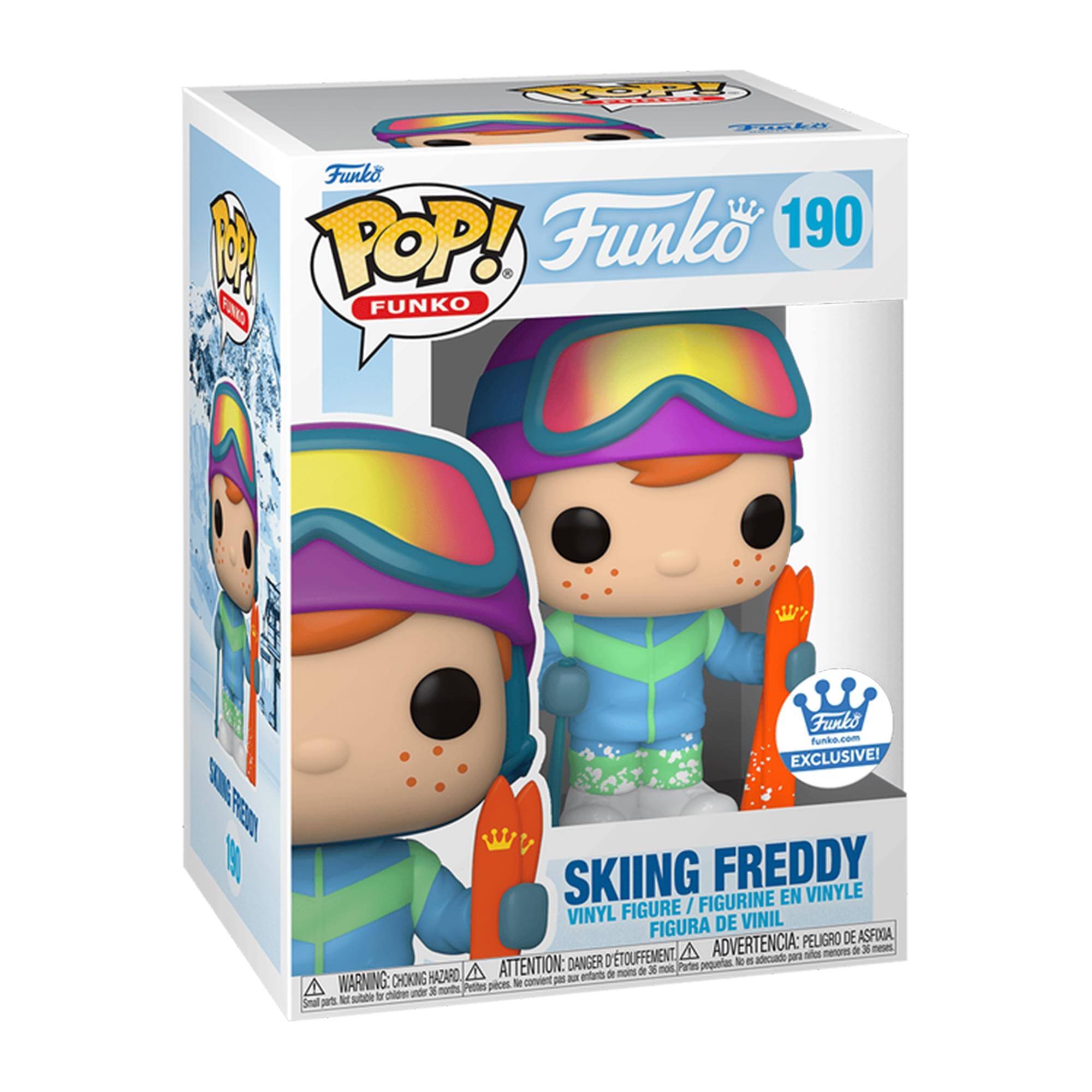 Funko POP! Funko 190  
Funko.com EXCLUSIVE!  
SKIING FREDDY  
VINYL FIGURE / FIGURINE EN VINYLE / FIGURA DE VINIL  
WARNING: CHOKING HAZARD - Small parts. Not for children under 3 years.  
ADVERTENCIA: PELIGRO - PEQUEÑAS PIEZAS. NO ADECUADO PARA NIÑOS MENORES DE 3 AÑOS.  
ATTENTION: DANGER - PEU DE TOUFFEMENT. Pièces petites. Ne convient pas aux enfants de moins de 3 ans.  
ADVERTENCIA: PELIGRO - DETENIMIENTO. Pequeñas piezas. No adecuado para niños menores de 3 años.