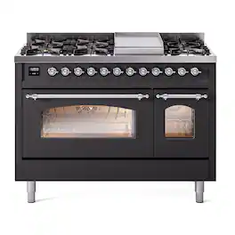 ILVE - Nostalgie II 48 inch Dual Fuel Range with 8 Burners + Griddle (Liquid Propane, Graphite Matte, Chrome Trim) - Graphite Matte