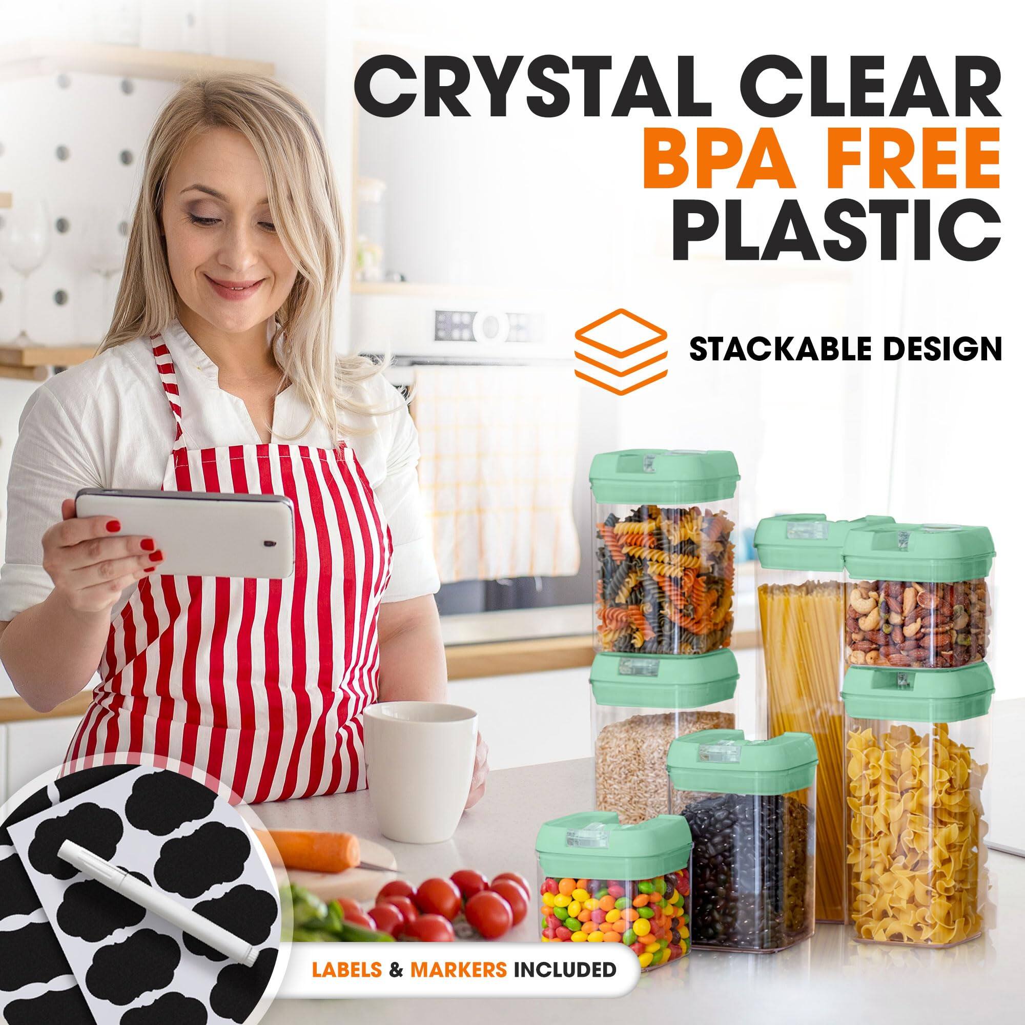 CRYSTAL CLEAR BPA FREE PLASTIC  
STACKABLE DESIGN  
LABELS & MARKERS INCLUDED